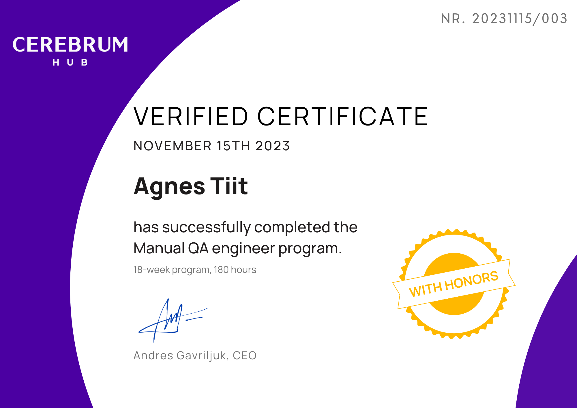 Certificate 1: Manual QA engineer certificate