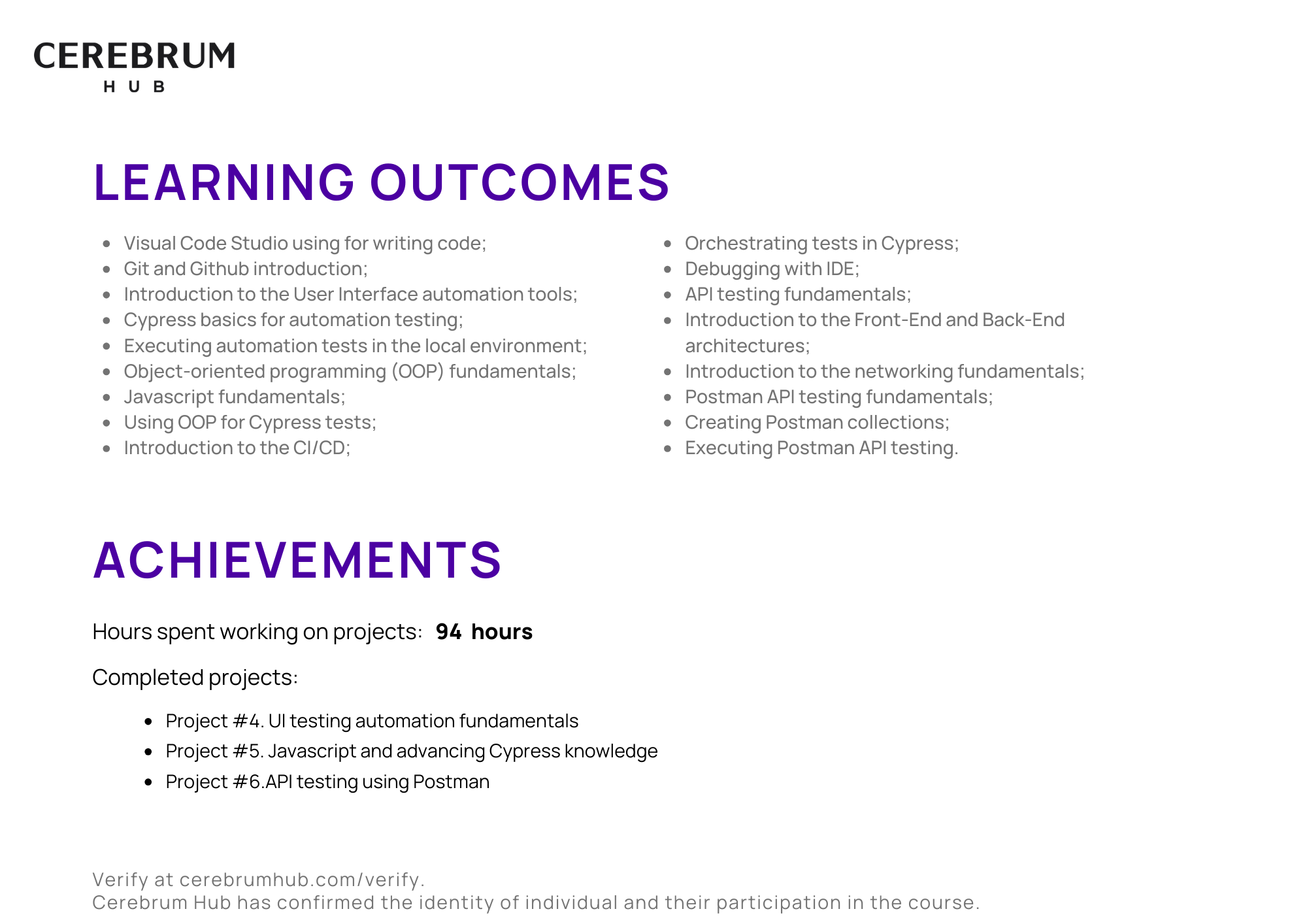 Certificate 4: Automation QA engineer learning outcomes